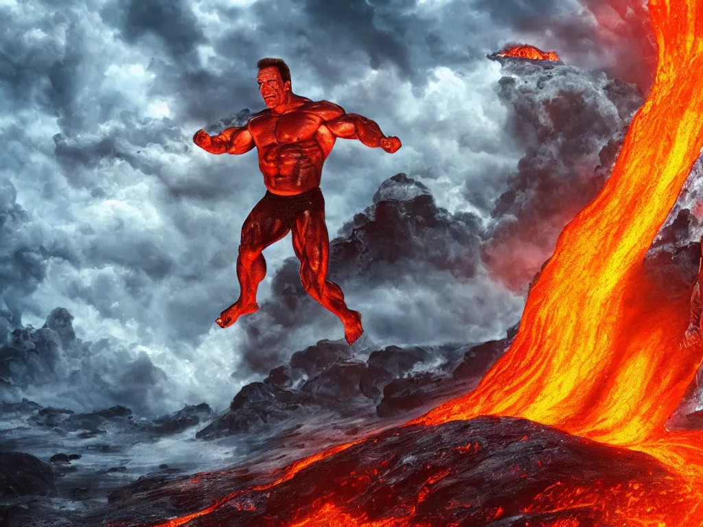 Image similar to arnold schwarzenegger surfing on lava, muscular, erupting volcano, stunning scene, 8 k, extremely detailed digital painting, depth, bright colors, trending on artstation