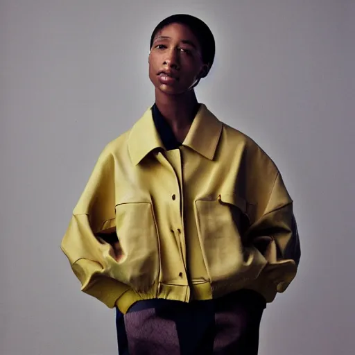 Image similar to realistic photoshooting for a new balenciaga lookbook, color film photography, portrait of a beautiful woman, model wearing a workwear jacket, by photo in style of Tyler Mitchell, 35mm,