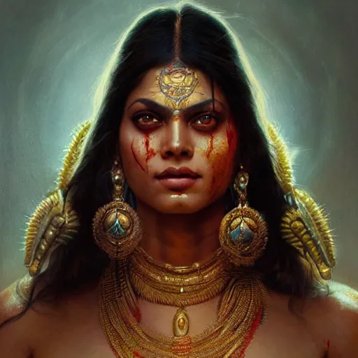Prompt: portrait painting of a muscular bloodied indian goddess, ultra realistic, concept art, intricate details, eerie, highly detailed, photorealistic, octane render, 8 k, unreal engine. art by artgerm and greg rutkowski and alphonse mucha