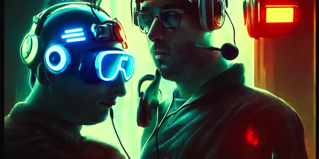 Prompt: a man in a helmet with headphones and glasses with leds, cyberpunk art by gaspar noe, trending on cgsociety, retrofuturism, reimagined by industrial light and magic, darksynth, sci - fi