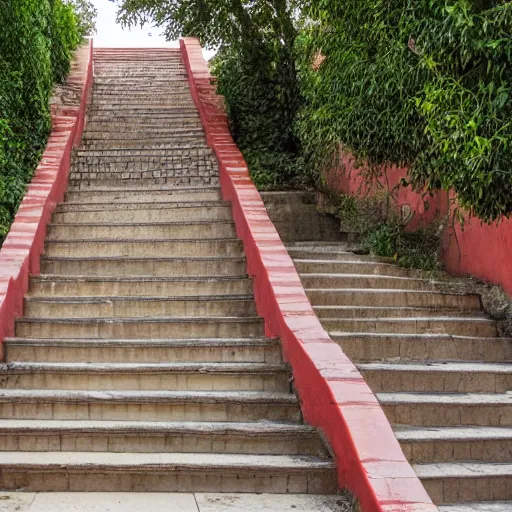 Prompt: maze of stairs to the house on the street of the red city HD 8K