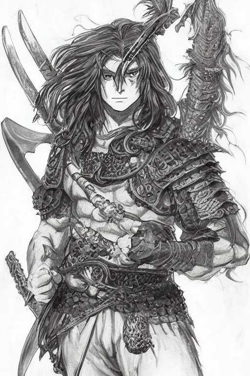 Image similar to A realistic anime portrait of a young handsome male barbarian with long wild hair, intricate fantasy spear, plated armor, D&D, dungeons and dragons, tabletop role playing game, rpg, jrpg, digital painting, by Frank Frazetta, concept art, highly detailed, promotional art, HD, digtial painting, trending on ArtStation, golden ratio, rule of thirds, SFW version