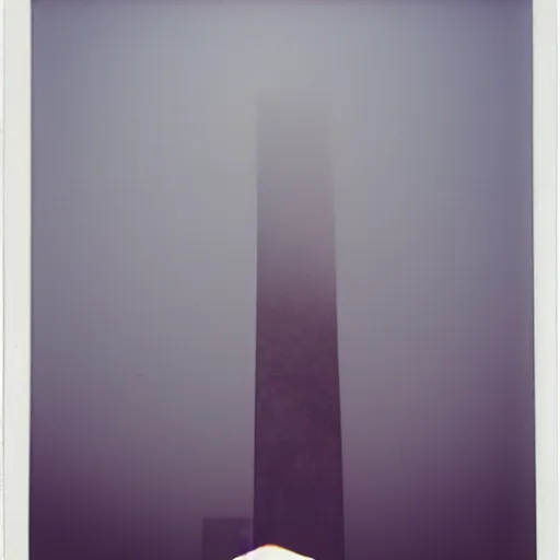 Image similar to very tall concrete sculpture reaching into the fog, expired film, old polaroid, night, megalophobia,