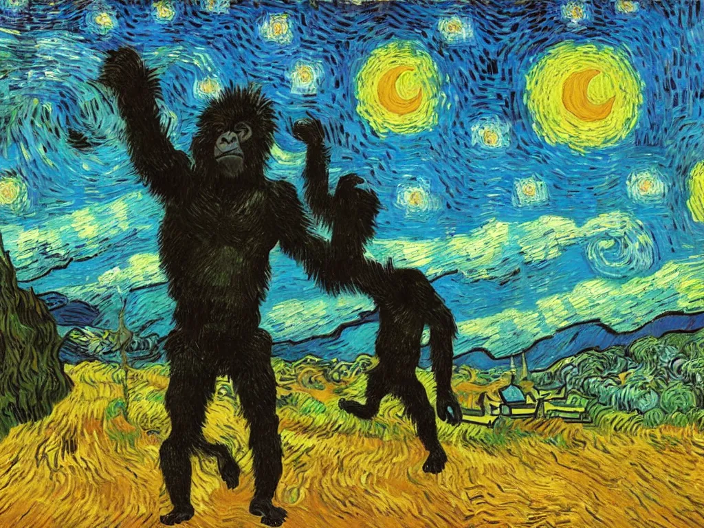 Image similar to bright beautiful oil painting of a valley with giant black monoliths and a dancing primitive ape at sunset, light scatter, van gogh