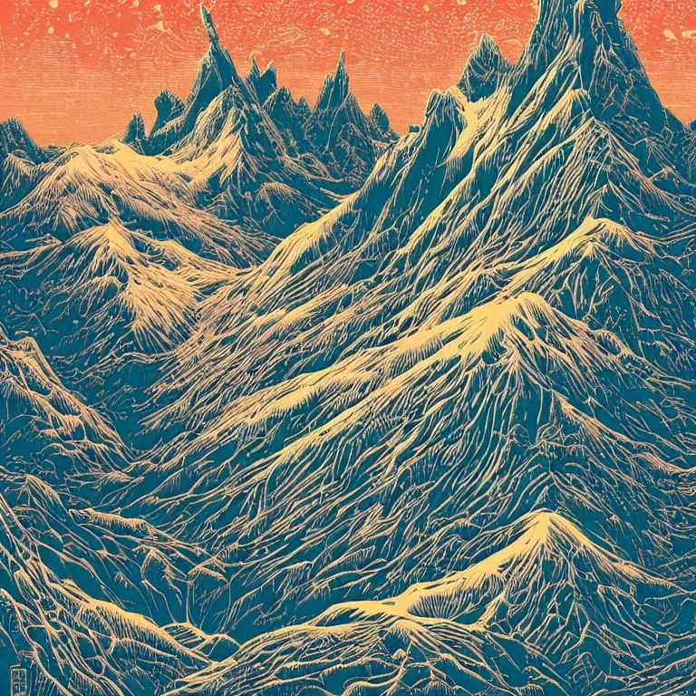 Prompt: linocut print of fantasy mountain, amazing art, highly detailed, color, masterpiece, by victo ngai, craig mullins