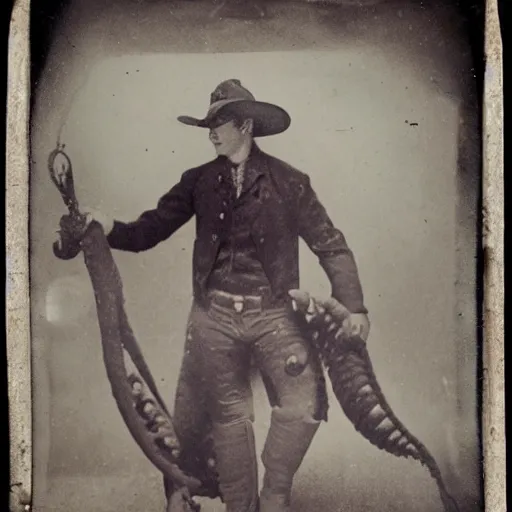 Image similar to underwater tintype photo of a cowboy riding a giant squid