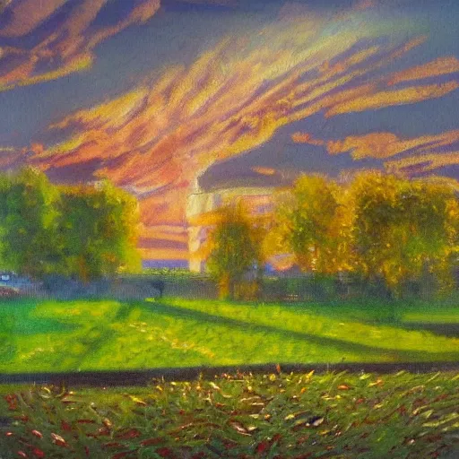 Prompt: university of Leeds, impressionist painting, weed leaves as clouds in sky, dramatic sunset lighting