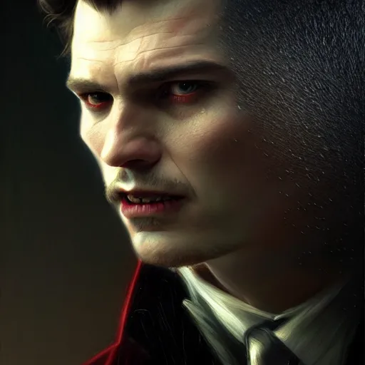 Prompt: portrait painting of joseph quinn eddie munson as a vampire, ultra realistic, concept art, intricate details, eerie, highly detailed, photorealistic, octane render, 8 k, unreal engine. art by artgerm and greg rutkowski and charlie bowater and magali villeneuve and alphonse mucha