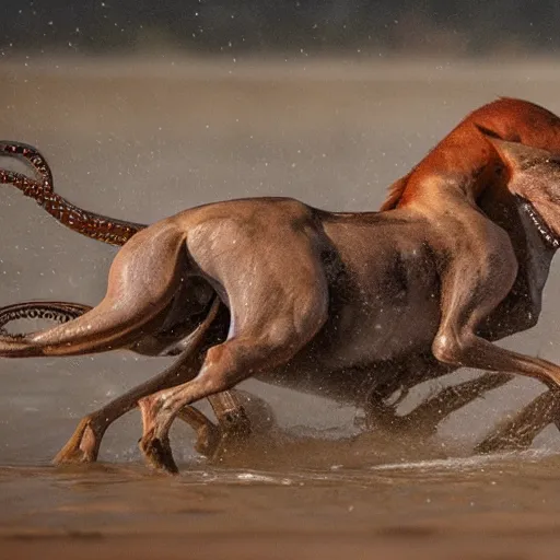 Image similar to National Geographic photo of horse full of octopus being eaten by African hunting dogs