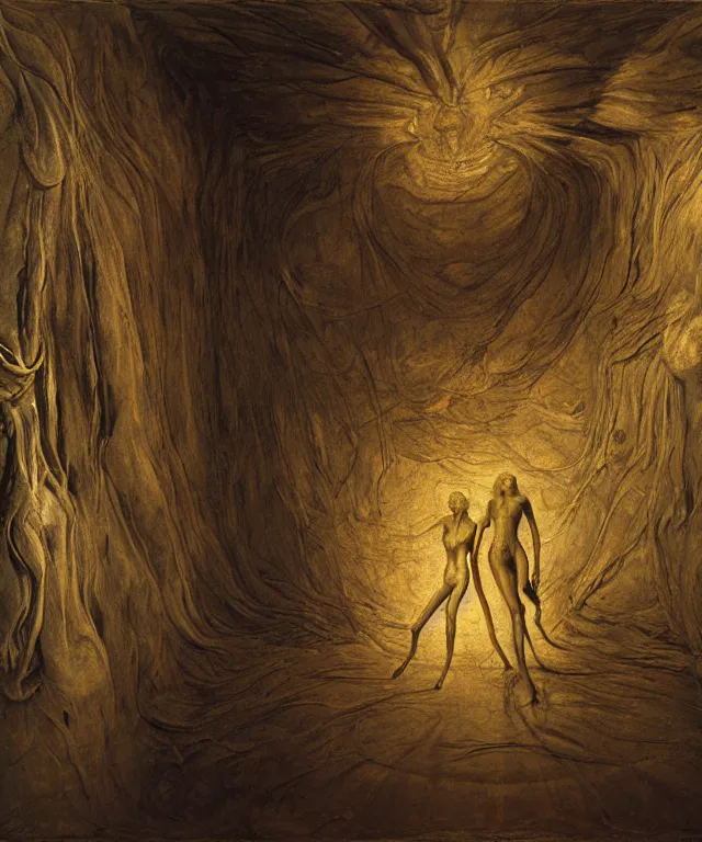 Image similar to The room without doors and windows with beautiful full-body wax sculpture of a glowing transparent woman with visible golden bones inside it in the singularity where stars becoming baroque folds of dark matter by Michelangelo da Caravaggio, Nicola Samori, William Blake, Alex Grey and Beksinski, dramatic volumetric lighting, highly detailed oil painting, 8k, masterpiece