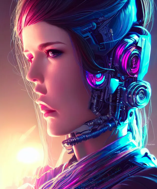 Image similar to beautiful adult woman wearing netrunner clothing, extremely detailed face, cyberpunk, cybernetic, cyborg, vaporwave aesthetic, synthwave, flowing hair, colorful, psychedelic, intricate, elegant, highly detailed, digital painting, artstation, concept art, smooth, sharp focus, illustration, art by artgerm and greg rutkowski and alphonse mucha