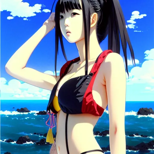 Prompt: a beautiful japanese lalisa alluring gravure model, wearing oversized designer bomber jacket and one piece bikini, bulky poofy bomber jacket with mesoamerican patterns, mesoamerican native street fashion, gapmoe yandere grimdark, trending on pixiv fanbox, painted by greg rutkowski makoto shinkai takashi takeuchi studio ghibli, akihiko yoshida