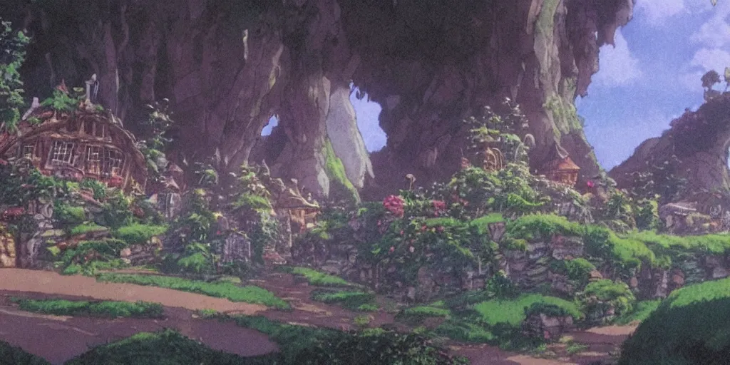 Prompt: a still of a background from howl's moving castle of hobbiton, studio ghibli