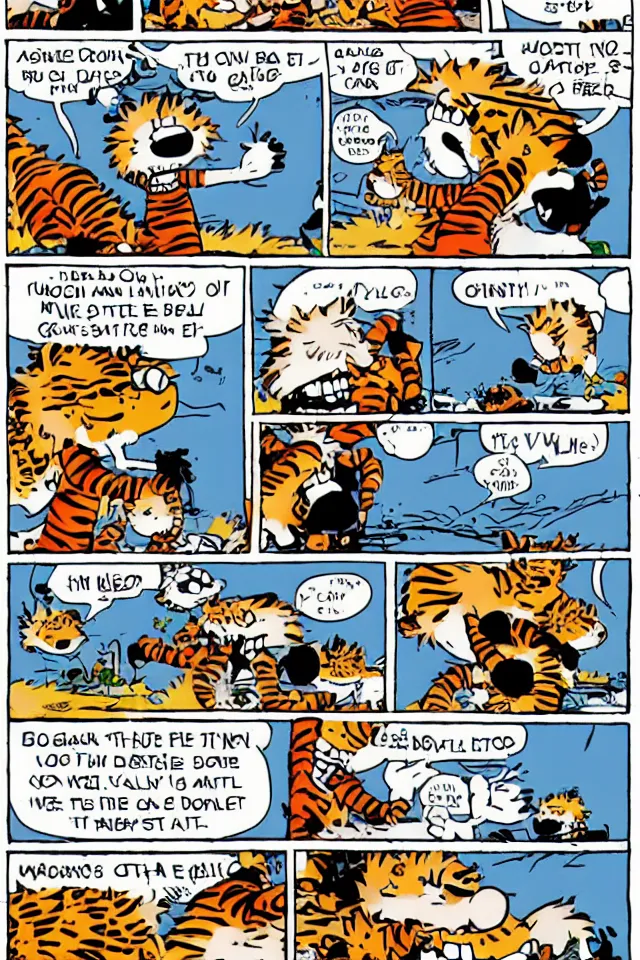 Image similar to Calvin and Hobbes as adults on crack