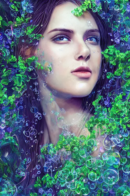 Image similar to elaborately ultradetailed close up portrait of an extremely beautiful girl surrounded by beautiful vines, flowers, a mist and ethereal rainbow bubbles, digital art painting, concept art, poster art, smooth, sharp focus, Aetherpunk, atmospheric lightning, highly detailed illustration highlights, Exquisite 8K detail post-processing, award winning picture, sense of awe, featured on DeviantArt