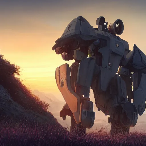 Prompt: cinematic shot of a mech whos standing on a hill looking in the horizon sunset surface digital painting, artstation, concept art, soft light, hdri, smooth, sharp focus, illustration, fantasy, intricate, elegant, highly detailed, D&D, matte painting, in the style of Greg Rutkowski and Alphonse Mucha and artemisia, 8k, highly detailed, jurgens, rutkowski, bouguereau, pastoral, rustic, georgic