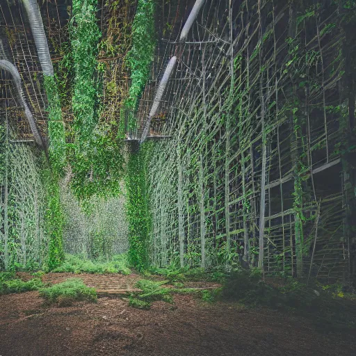 Image similar to forest growing inside of a warehouse, professional photography
