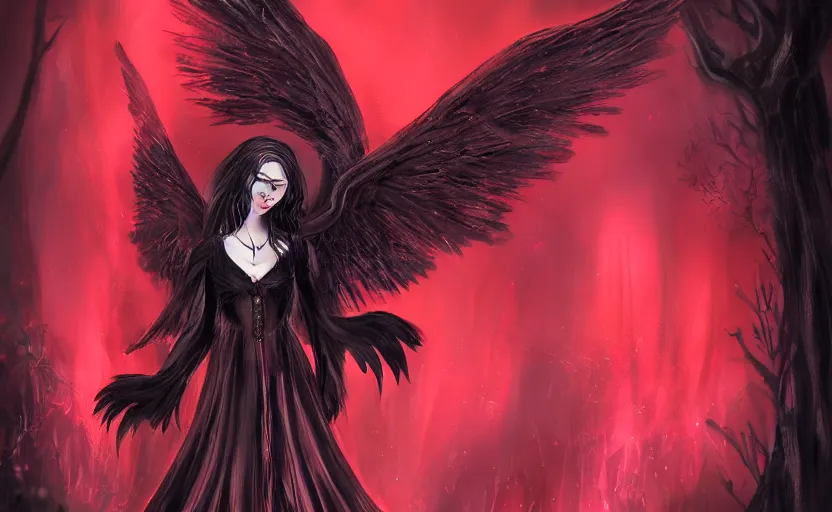 Image similar to Female dark angel in gothic red and black dress, their black wings are extended. She is in the bioluminescent forest. Fantasy and concept art, colorful digital painting , horror scene, highly detailded