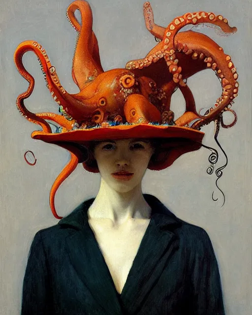 Image similar to a beautiful girl wearing an octopus as a hat, painted by edgar maxence, edward hopper, wayne barlowe and james gilleard, airbrush, art by jamesjean