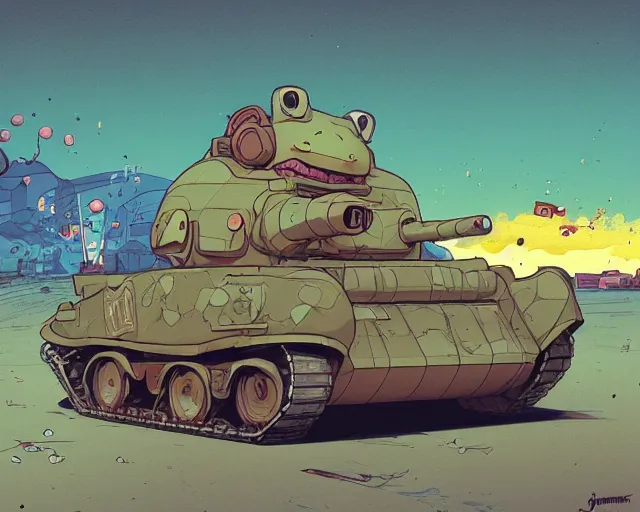 Image similar to a study of cell shaded cartoon of a chibi toad driving a tank on a desert road, street lamps, road, illustration, wide shot, subtle colors, post grunge, concept art by josan gonzales and wlop, by james jean, victo ngai, highly detailed, sharp focus, trending on artstation, hq, deviantart, art by artgem