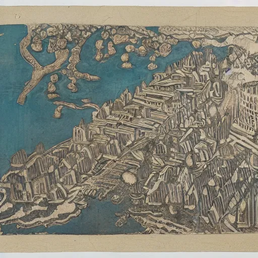 Image similar to 3d isometric botanical illustration of a small city in an island surrounded by water, diego rivera in Ukiyo-e style, HD