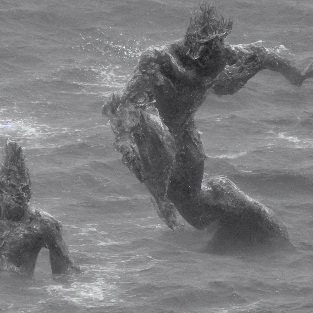 Prompt: enormus humanoid coming out of the ocean. water hip deep, white rubbery skin