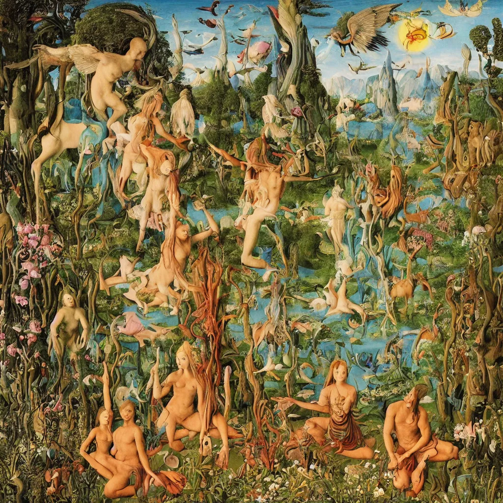 Image similar to a photograph of a meditating centaur shaman and a harpy mermaid feeding animals. surrounded by bulbous flowers, a few trees and wild animals. river delta with mountains under a blue sky full of burning stars and birds. painted by jan van eyck, max ernst, ernst haeckel, ernst fuchs and artgerm. trending on artstation