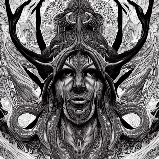 Image similar to 4K headshot of godlike Shub-Niggurath with defined arms and open hands and bloody clothes with giant mandala wings , intricate face , flawless anime cel animation by Kentaro Miura, psychedelic , highly detailed upper body , professionally post-processed , beautiful, scary, symmetry accurate features, epic, octane rendered, anime masterpiece, accurate