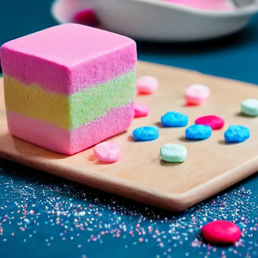 Prompt: photograph of a delicious marshmallow cube with sprinkles on a dark wooden chopping board, pastel colours, hessian cloth, styled food photography, photorealistic, 4 k