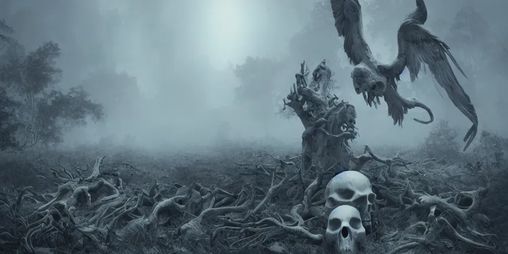 Image similar to white bird skulls, ram skulls, sculpture. swirls of mist. occult photorealism, uhd, amazing depth, volumetric lighting, cinematic lighting. epic landscape.