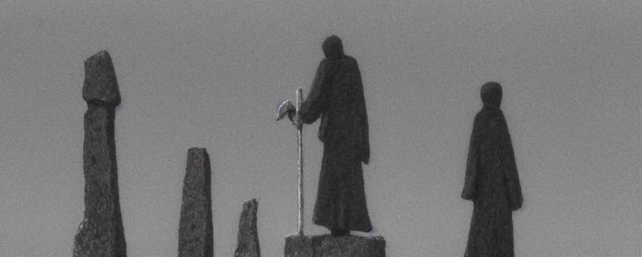 Image similar to The grim reaper stands large in front of neolithic standing stones of stenness, by studio Ghibli