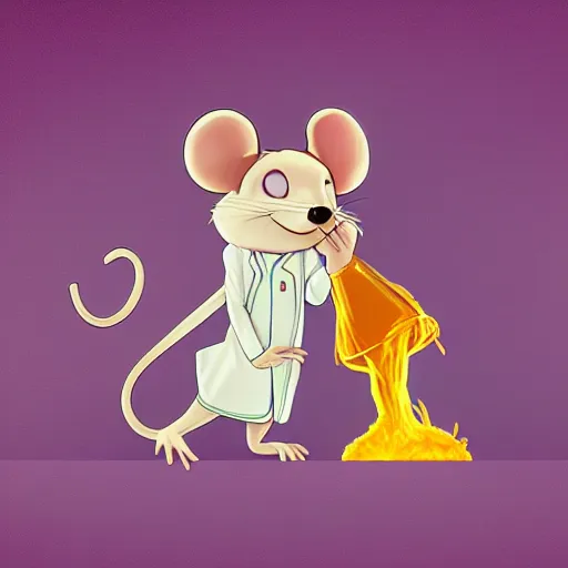Image similar to anthropomorphic mouse in the lab coat catsing fireball, pixar style, concept art, character turnaround, trending on artstation, childrens illustrated storybook, by alphonse mucha and cory loftis and matthias lechner