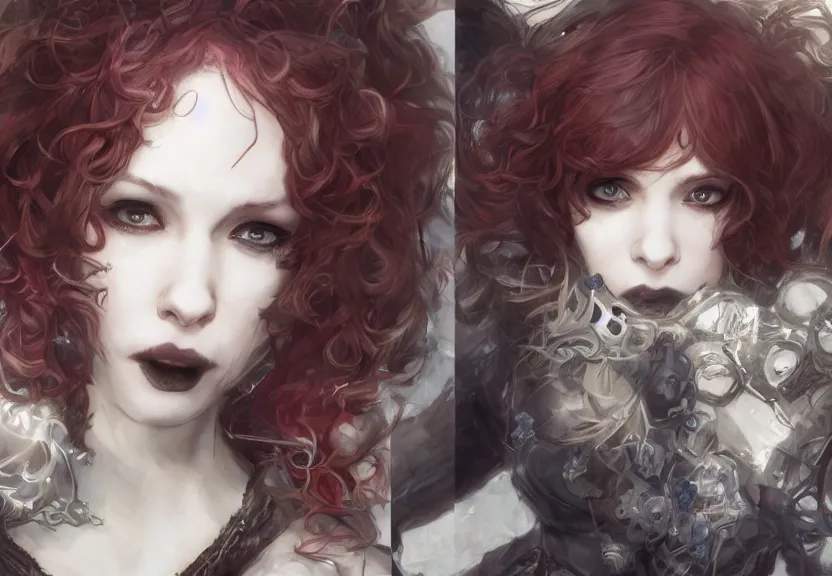 Image similar to christina hendricks!!!!! goth!!!!!, tankoban, 4 k, tone mapping, akihiko yoshida, james jean andrei riabovitchev marc simonetti, yoshitaka amano, long hair, curly, h. hydrochaeri