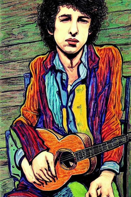 Image similar to “portrait of young bob Dylan, by Robert crumb, colourful, detailed”