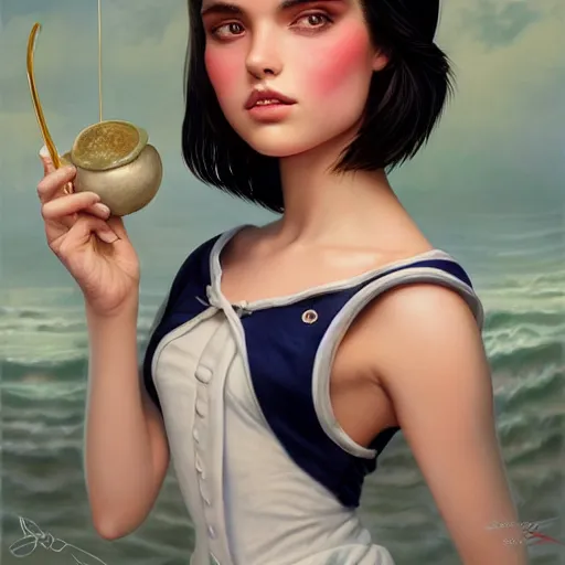 Prompt: tom bagshaw, very beautiful mix of madison beer and bella poarch in a sailor suit flirting smile, randomly lustrous dyed hair, professionally retouched, focus eyes, ultra realistic soft painting, insanely detailed linework, symmetrical accurate intricate features, behance artstation, 8 k, - signature