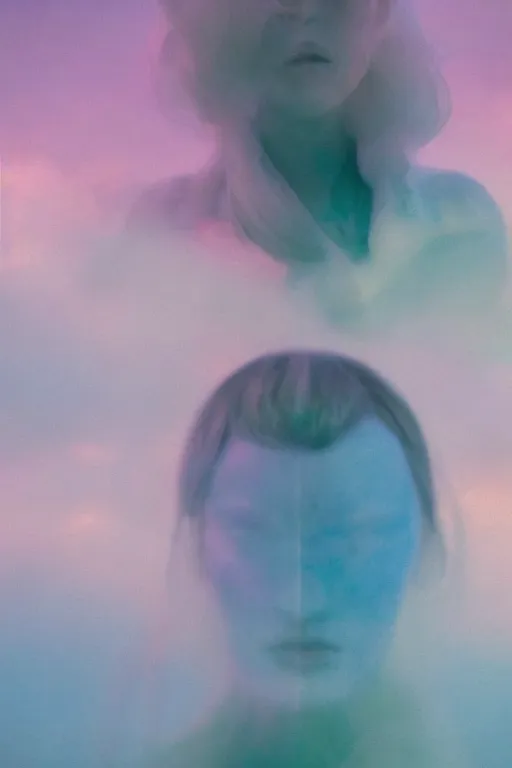 Image similar to high quality pastel coloured film close up wide angle photograph of a model wearing clothing swimming on cloud furniture in a icelandic black rock!! environment in a partially haze filled dreamstate world. three point light, rainbow. photographic production. art directed. pastel colours. volumetric clouds. pastel gradient overlay. waves glitch artefacts. extreme facial clarity. 8 k. filmic.