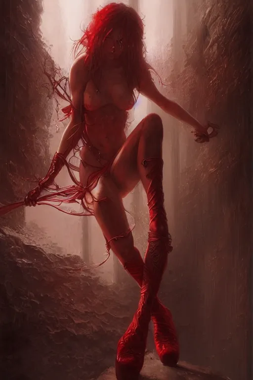 Image similar to red women's boots, shoes only, by wlop, by luis royo, by peter mohrbacher, concept art, digital illustration, intricate, masterpiece, elegant, super detailed, unreal engine rendering, smooth, sharp focus, artstation hq