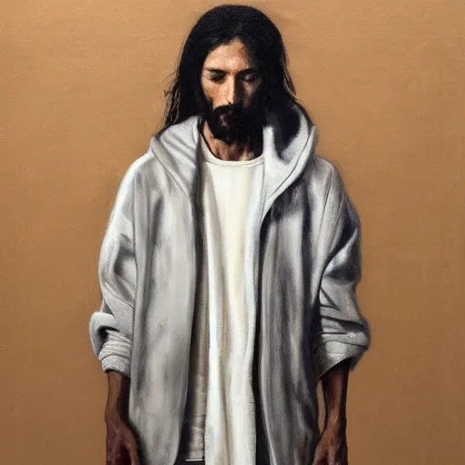 Image similar to a full body lookbook portrait of modern - day jesus wearing cream yeezy and fear of god menswear collection by nicola samori, detailed, oil painting, hyper - realistic, 8 k, yeezy collection