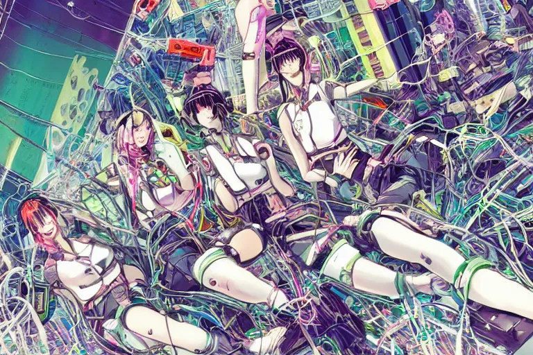 Image similar to a cyberpunk illustration of a group of four super-coherent colorful female androids dressed in seifuku in style of masamune shirow, lying scattered across an empty, white floor with their bodies rotated in different poses and cables and wires coming out, by yukito kishiro and katsuhiro otomo, hyper-detailed, intricate, bird view