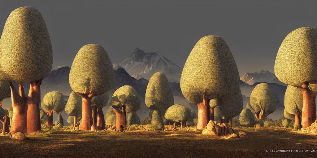 Prompt: a Malagasy dream landscape with baobab trees and snowy mountains in the background in the evening, film still, concept art, digital drawing, highly detailed depth of field