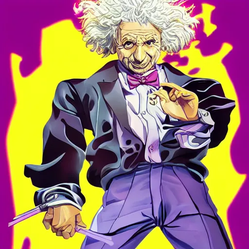 Image similar to Albert Einstein unvieled as new Jojo\'s Bizarre Adventure character, Hirohiko Araki, masterpiece, beautiful, clean lines, dramatic pose, artstation, high resolution scan, Hirohiko Araki, Hirohiko Araki