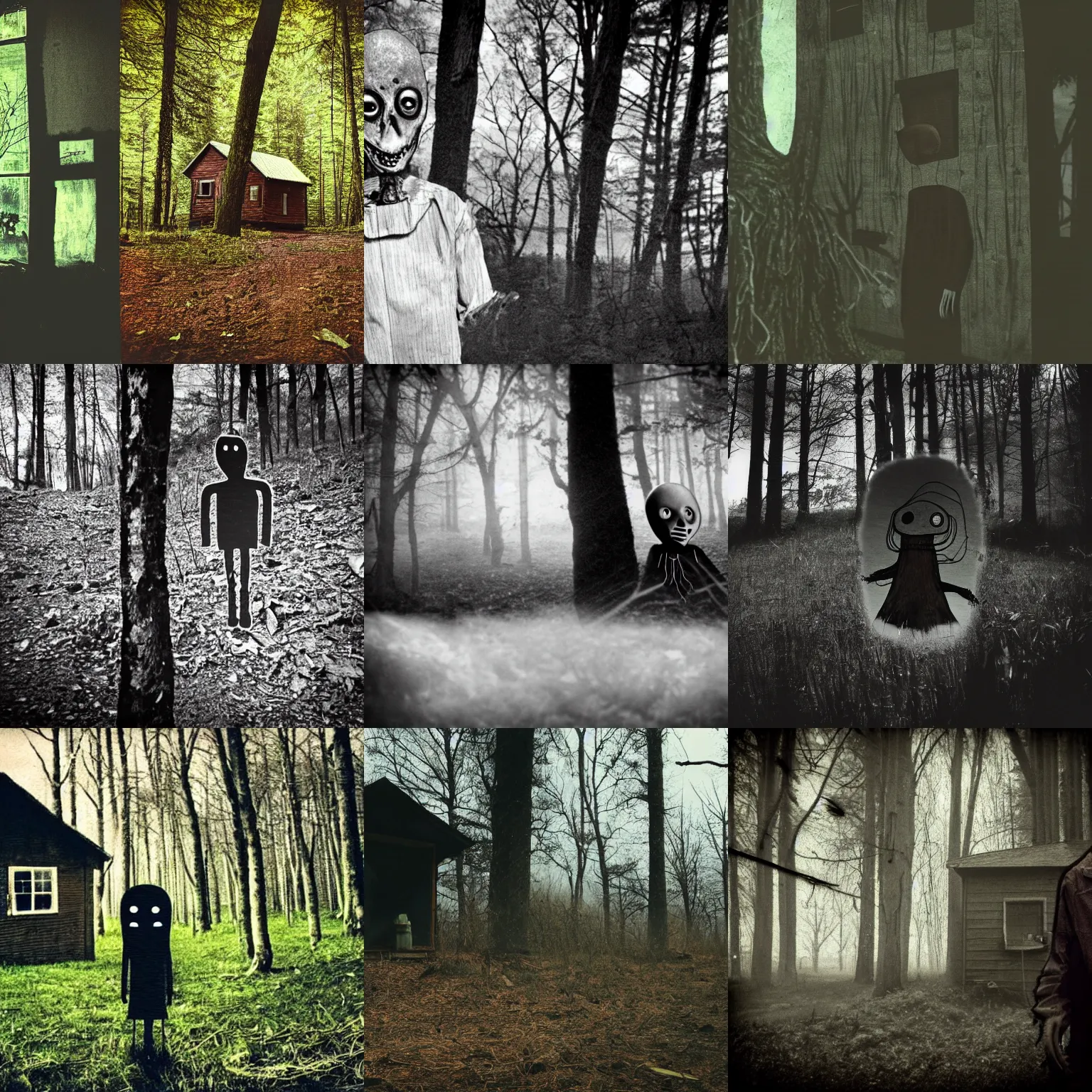 Prompt: a creepy, eerie, athmospheric photo of salad fingers near a cabin in the woods