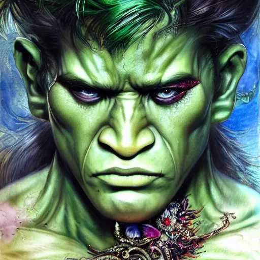 Prompt: UHD photorealistic detailed image of The Hulk as a Thai ladyboy, wearing extremely intricate makeup by Ayami Kojima, Amano, Karol Bak, tonalism