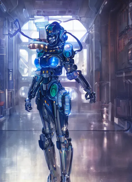 Prompt: a young attractive Asian woman wearing mecha armor inside a sci-fi hangar, dramatic pose, chrome, blue LEDs, wires and cables, highly detailed, photorealistic, volumetric lighting, digital art, octane render, in the style of Artgerm and Tom Bagshaw