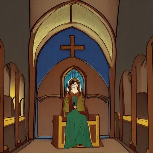 Prompt: Rosaria_(genshin_Impact) Sitting in a Church at night