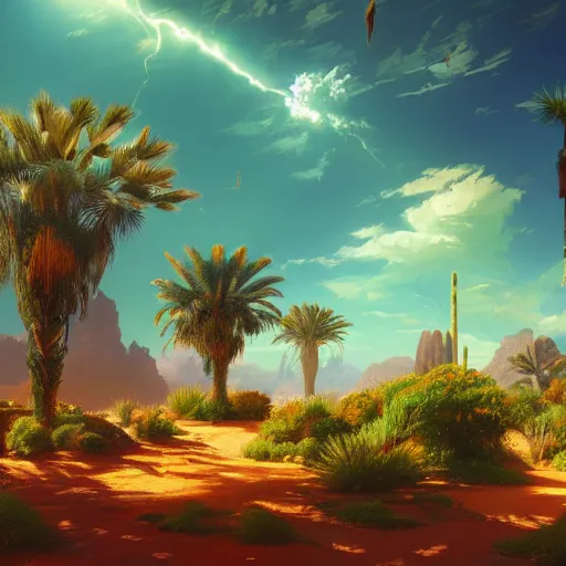 Image similar to a lush desert garden with bright colors, global illumination, dramatic sky and light rays, artstation, in style of greg rutkowski