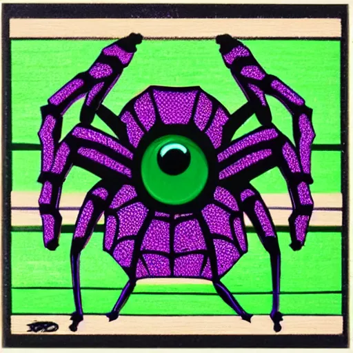 Image similar to spider, purple and green, style of hydro74, woodblock