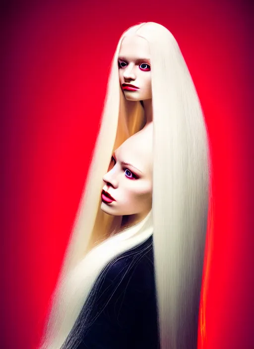 Image similar to kodak color plus 2 0 0 photo portrait of a beautiful woman with long blond hair dressed in long white, fine art photography light painting in style of paolo roversi, professional studio lighting, dark red background, hyper realistic photography, fashion magazine style