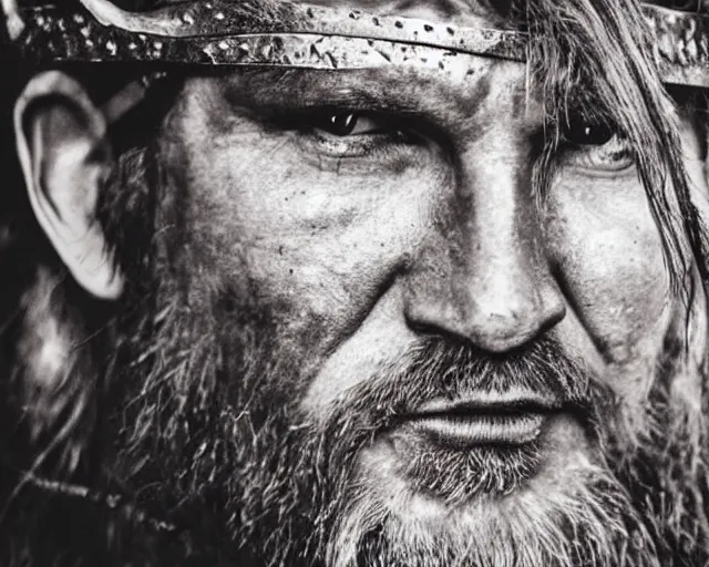 Prompt: A very close up of a viking with scars on the face, rage