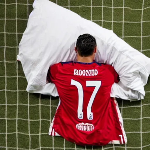Prompt: Christiano Ronaldo sleeping in FC Bayern bed